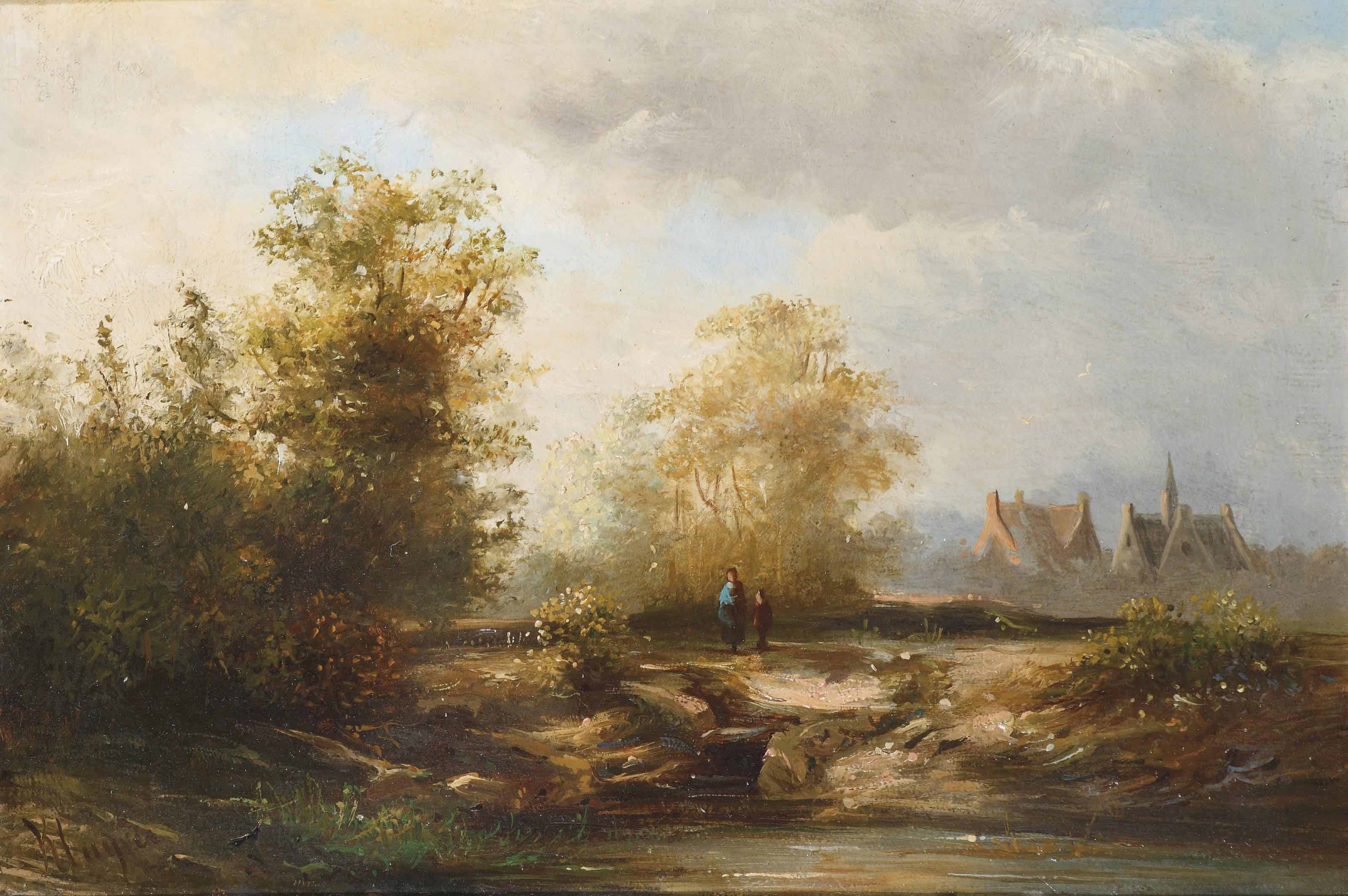 Summer landscape with figures near a farmhouse